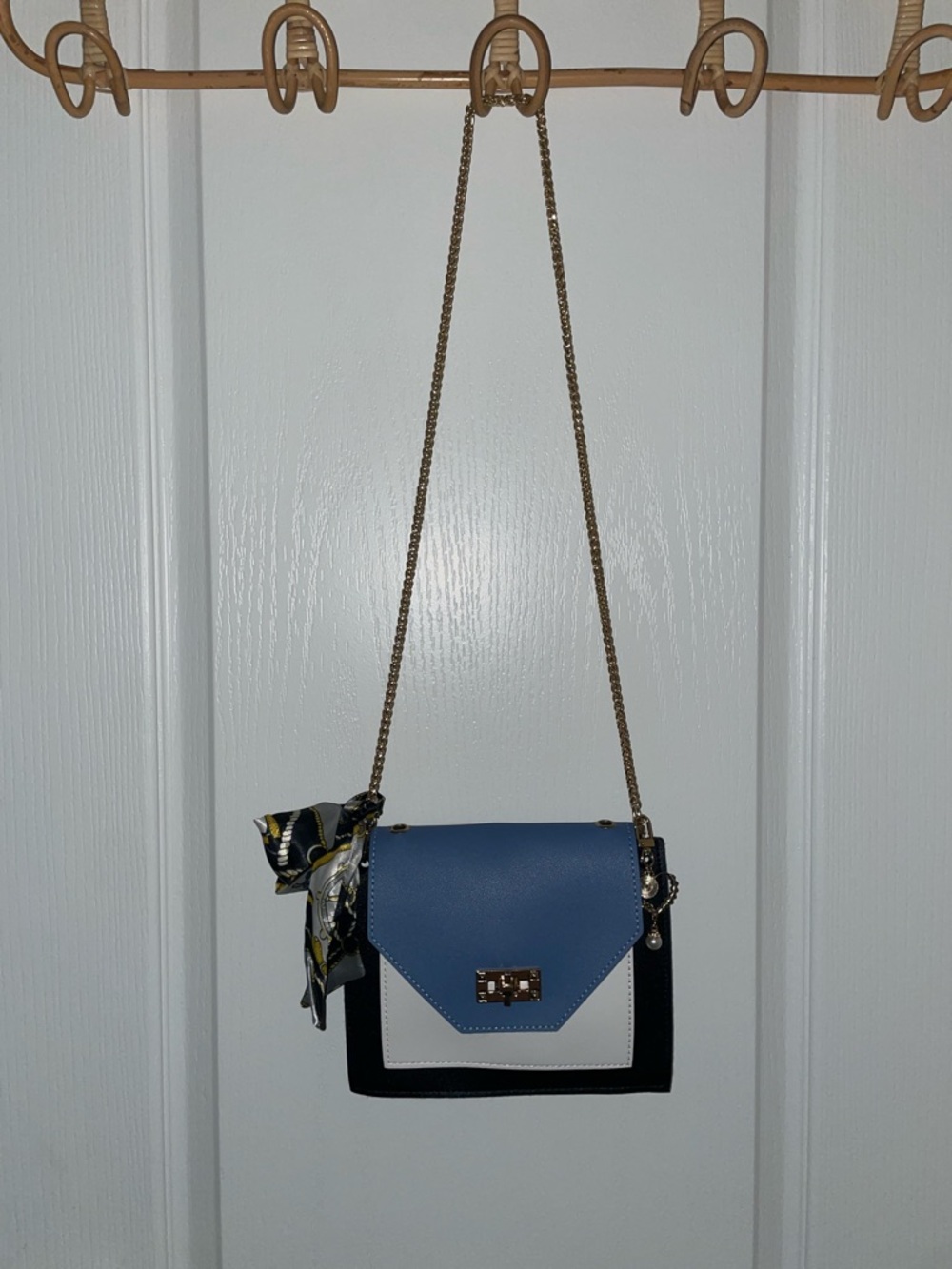 Blue and Navy Colorblock Crossbody Bag with Scarf Accent